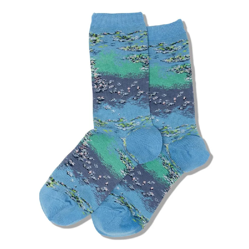 Women's spandex - infused socks for stretch"Water Lilies" Cotton Dress Crew Socks by Hot Sox - Medium