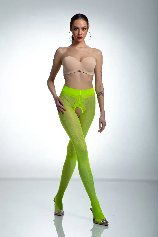 women tights for a themed party like a 80s retro partyAmour Hip Gloss Crotchless Tights - Fluo Yellow