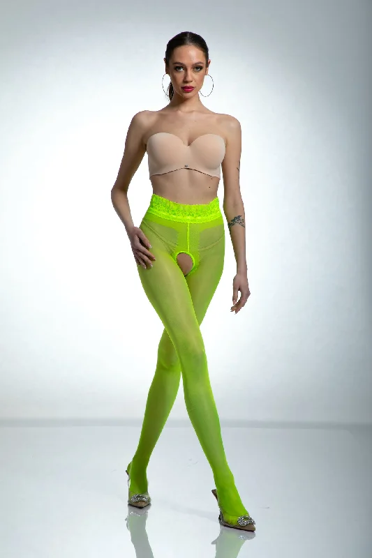 women tights with a blend of spandex for stretchAmour Hip Lace Crotchless Tights - Fluo Yellow