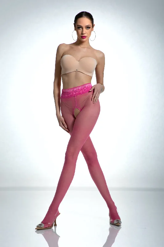 women tights for a beach - side evening with a long dressAmour Hip Lace Crotchless Tights - Pink Bonbon