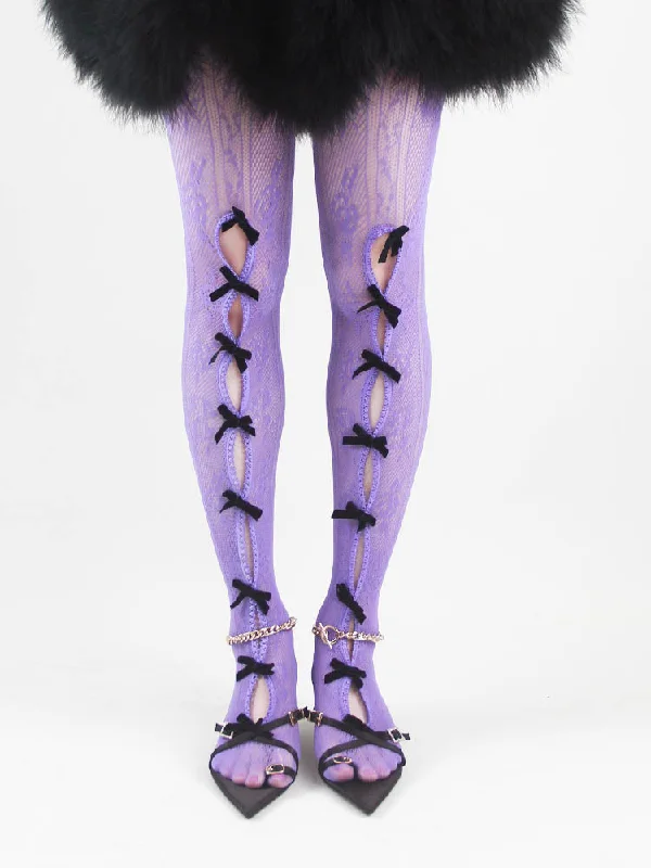 stirrup women tights for a unique styleBlack Bowknot Purple Fishnet Stockings